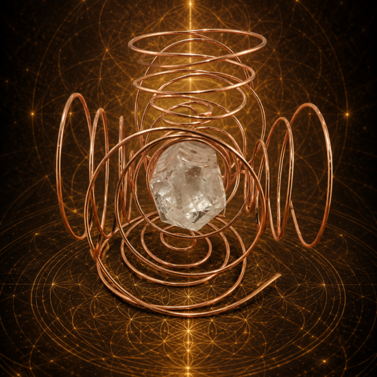 Dispozitiv radionic pentru casa cu cristal si spirale de cupru